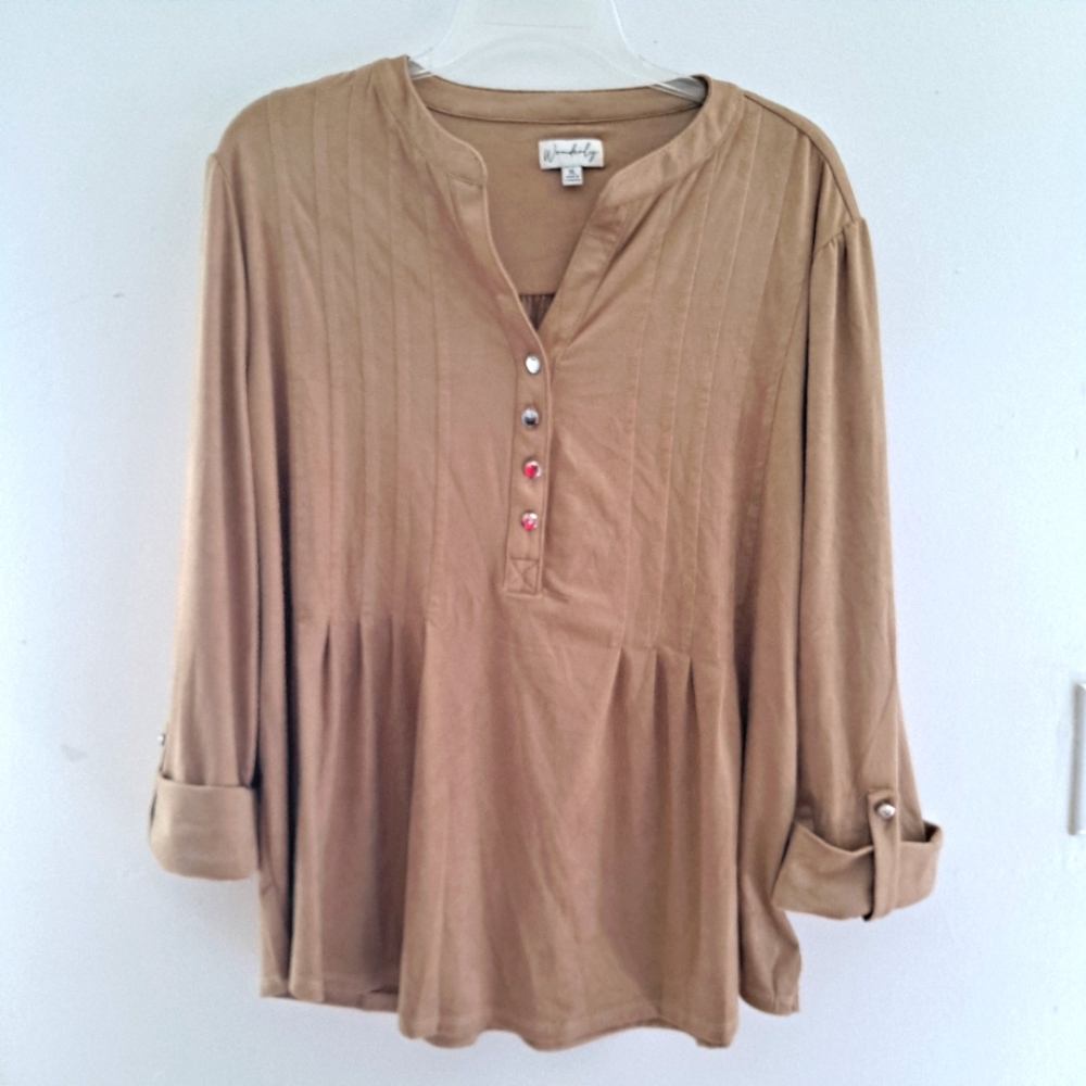 Wonderly Brown Relaxed Fit Button closure Henley neck Tunic size XL